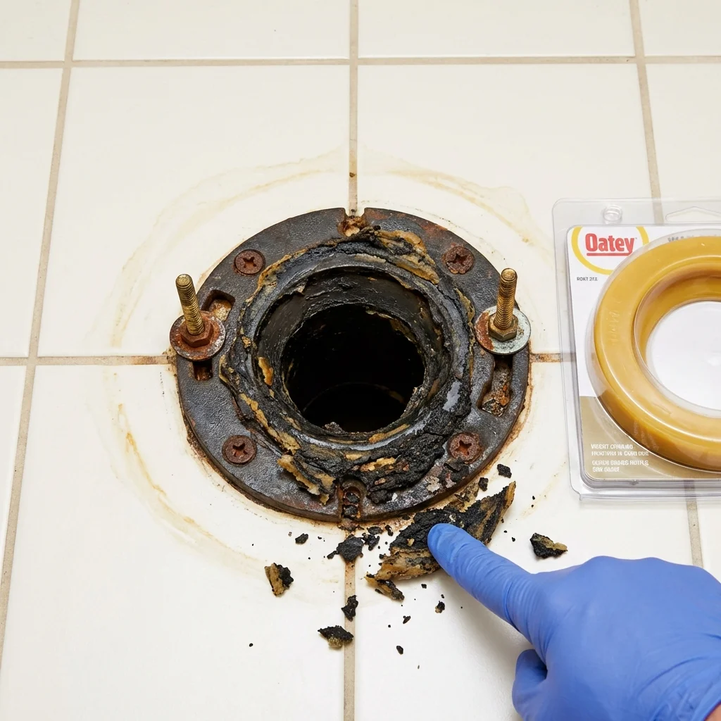 Failed wax ring showing water seepage at the base of a toilet in a Sheridan, OR home