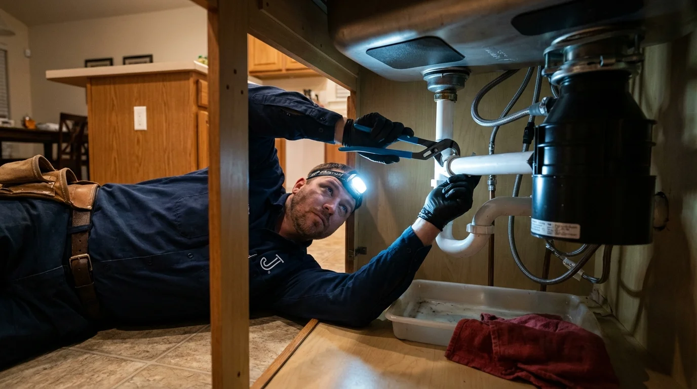 P-trap and supply line connections under a kitchen sink showing a common leak point in Sheridan, OR